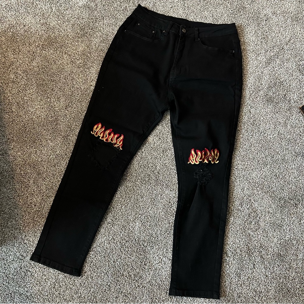 NWOT Distressed Flame Black Jeans